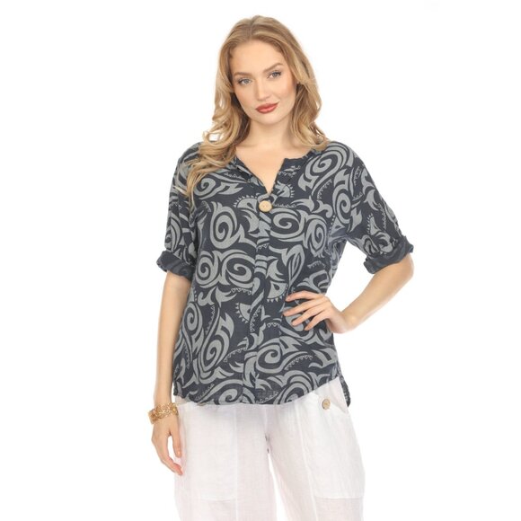 Navy Spiral Print V-Neck Button Detail Top - Picture 4 of 9